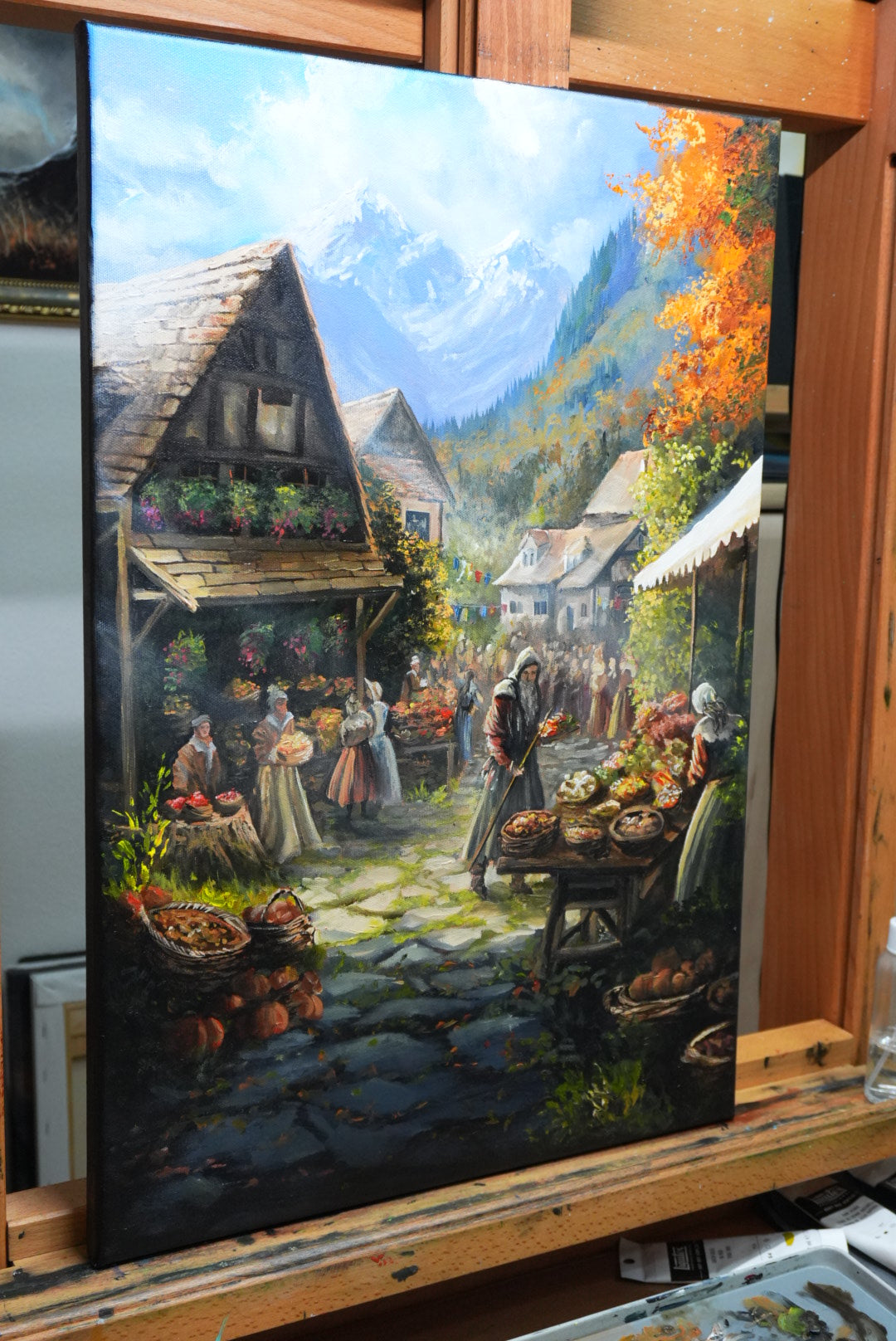 SORCERY Gothic Original Painting "Harvest Festival" - 60x40cm / Acrylics depicting a hand-painted fantasy market scene with villagers, autumn foliage, and distant mountains, inspired by traditional fantasy artist styles, perfect for collectors of fantasy and gaming art.