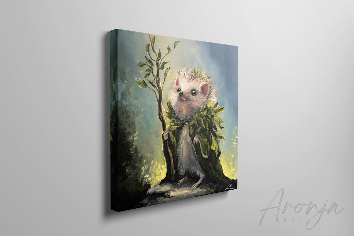 Druid Hedgehog- Square Print Aronja-Art framed canvas in pine wood frame, blue and green artwork