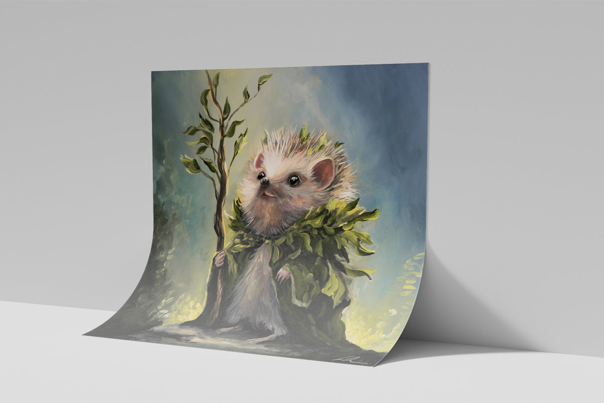 Druid Hedgehog square print by Aronja-Art, framed canvas with floating frame in soft blue and green