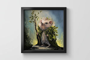 Druid Hedgehog- Square Print Aronja-Art framed canvas with pine wooden frame and shatterproof plexiglass