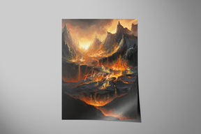 Hellfire - Sorcery TCG Print features a dramatic volcanic landscape with flowing lava and fiery mountains, showcasing fantasy and gaming art inspired by traditional fantasy artists.