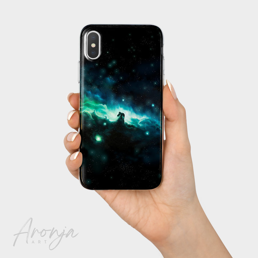 Phone Case - Horsehead Nebula by Aronja-Art phone case black nebula space design with glowing horse silhouette