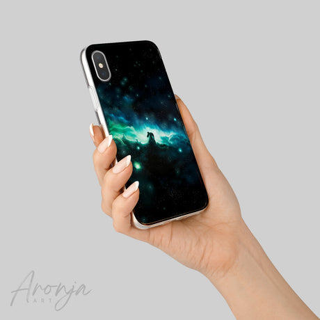 Phone Case - Horsehead Nebula by Aronja-Art phone case black with green-blue space nebula horsehead detail
