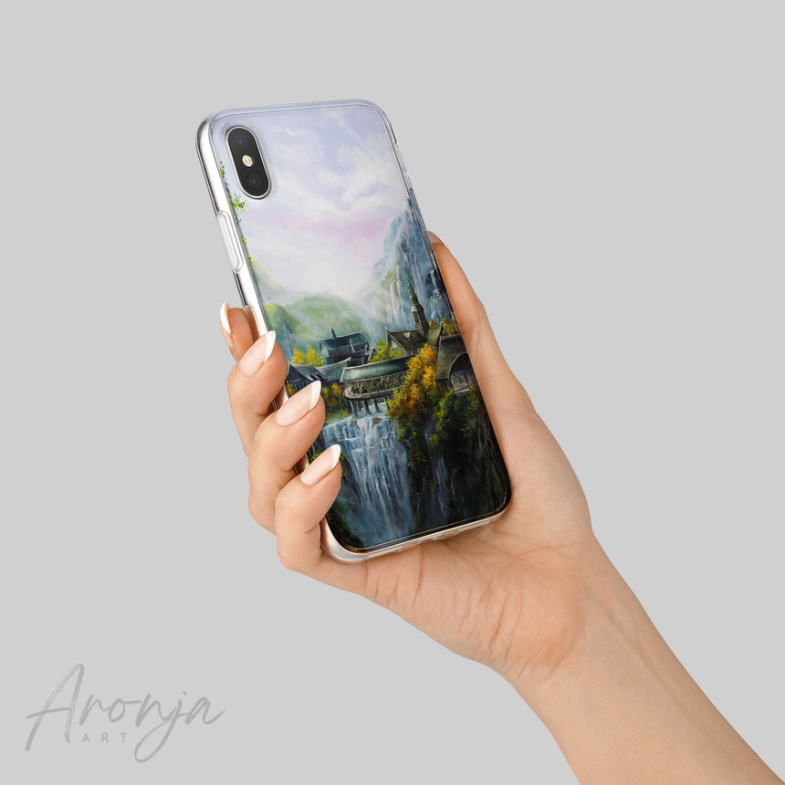 Phone Case - Imladris by Aronja-Art phone case in pastel blue and green with scenic fortress illustration