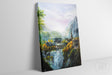 The Valley Of Imladris - Print features a hand-painted fantasy landscape with a charming village nestled beside cascading waterfalls under a soft, misty sky, showcasing mythical and nature art.