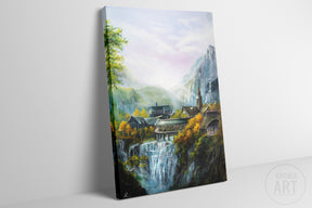 The Valley Of Imladris - Print features a hand-painted fantasy landscape with a charming village nestled beside cascading waterfalls under a soft, misty sky, showcasing mythical and nature art.