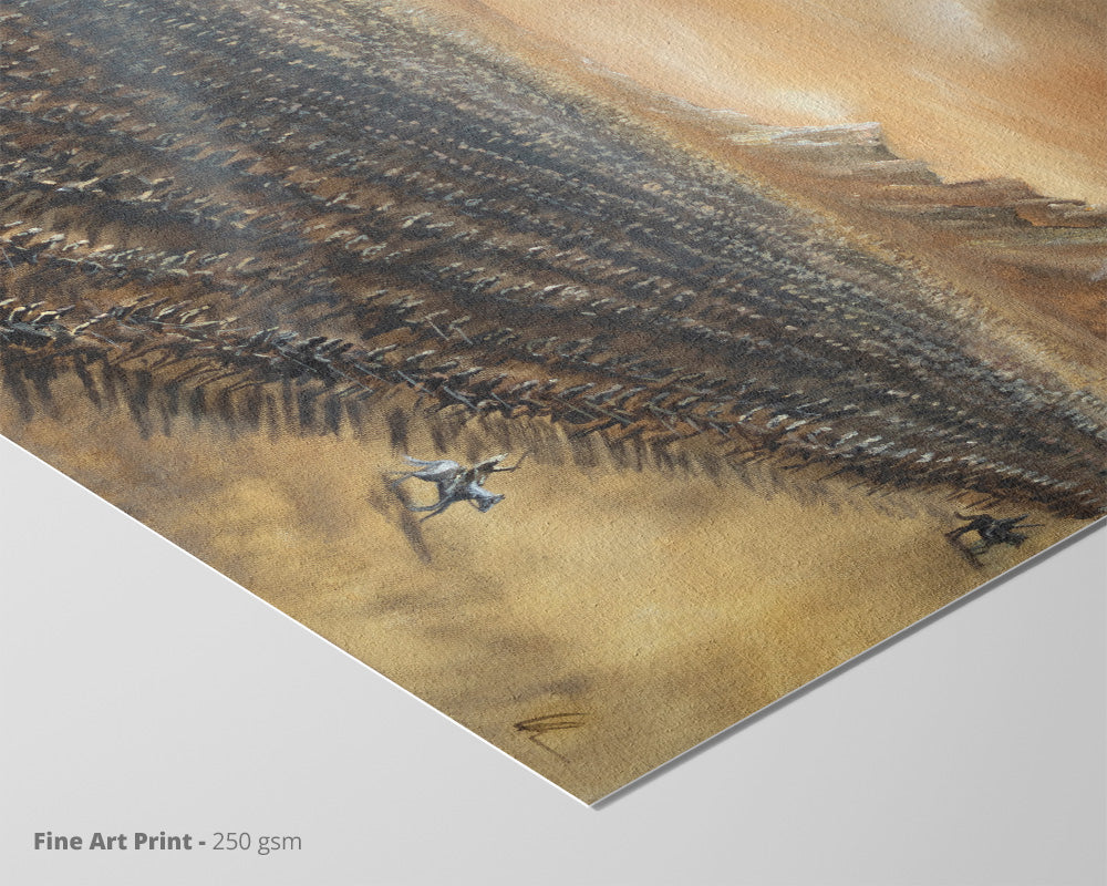 The Battle's Call - (Print) fantasy art art print on fine art paper, dusty battle scene in sepia tones