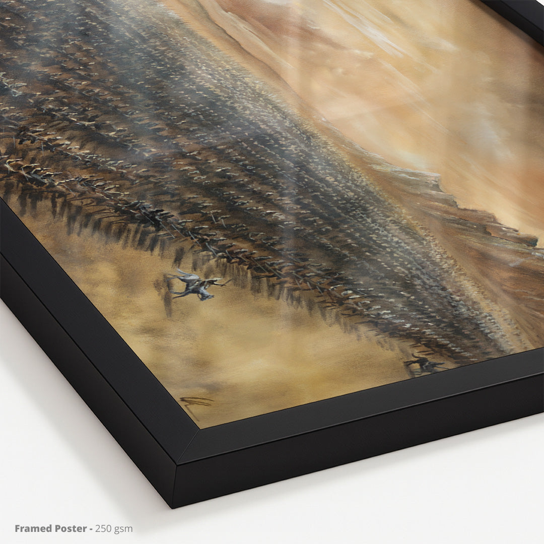 The Battle's Call - (Print) fantasy art framed poster with black frame, misty battlefield silhouettes — art print