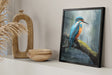 Framed Kingfisher - (Print) featuring a hand-painted traditional fine art depiction of a vibrant blue and orange kingfisher bird perched on a mossy branch, inspired by nature and fantasy artist styles.