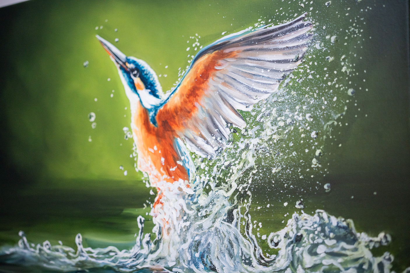 Wings Of Water - Original Oil Painting capturing a vibrant kingfisher bursting through water, showcasing hand-painted traditional fine art inspired by fantasy artist wildlife and nature art.