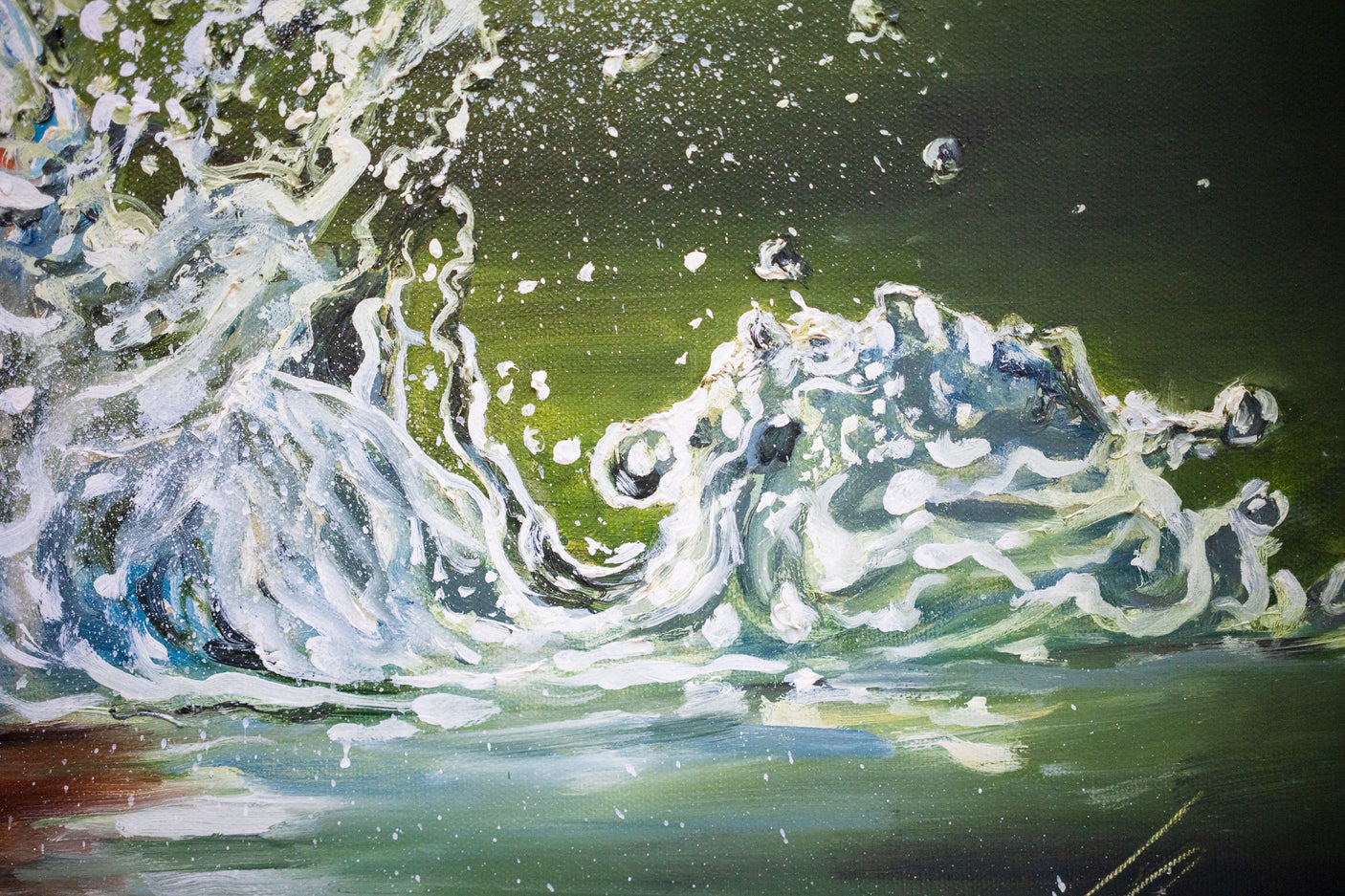 Wings Of Water - Original Oil Painting showcasing dynamic splashes of water in rich greens and whites, hand-painted by a fantasy artist blending traditional oil techniques with nature-inspired gaming art.