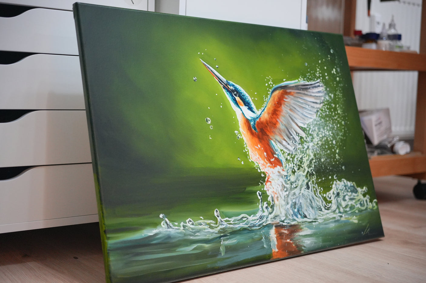 Wings Of Water - Original Oil Painting depicting a vibrant kingfisher emerging from water with dynamic splashes, by a fantasy artist specializing in traditional oil paintings and gaming art.
