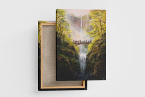 The Bridge - (Print) featuring a detailed fantasy landscape with a group crossing a wooden bridge over a waterfall, surrounded by lush trees and vibrant autumn colors.