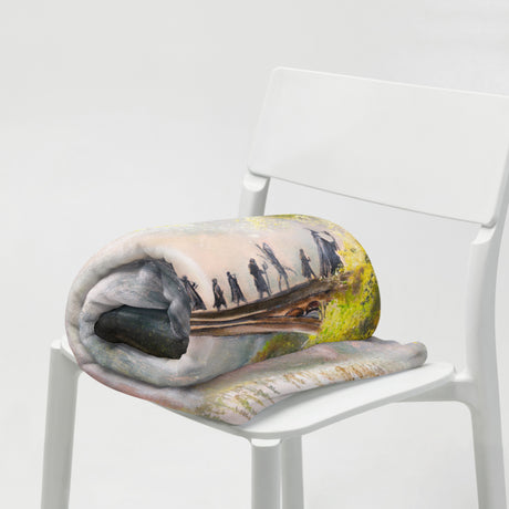 The Bridge - Blanket fantasy art throw blanket with illustrated bridge scene draped on a white chair
