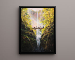 Crossing The Bridge - (Print) by Aronja-Art framed art print with waterfall, golden yellow and deep green