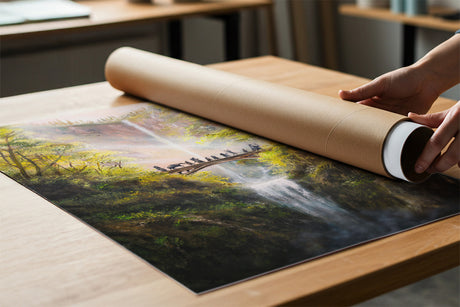 Crossing The Bridge - (Print) by Aronja-Art traditional painting art print in green landscape, rolled on a table.