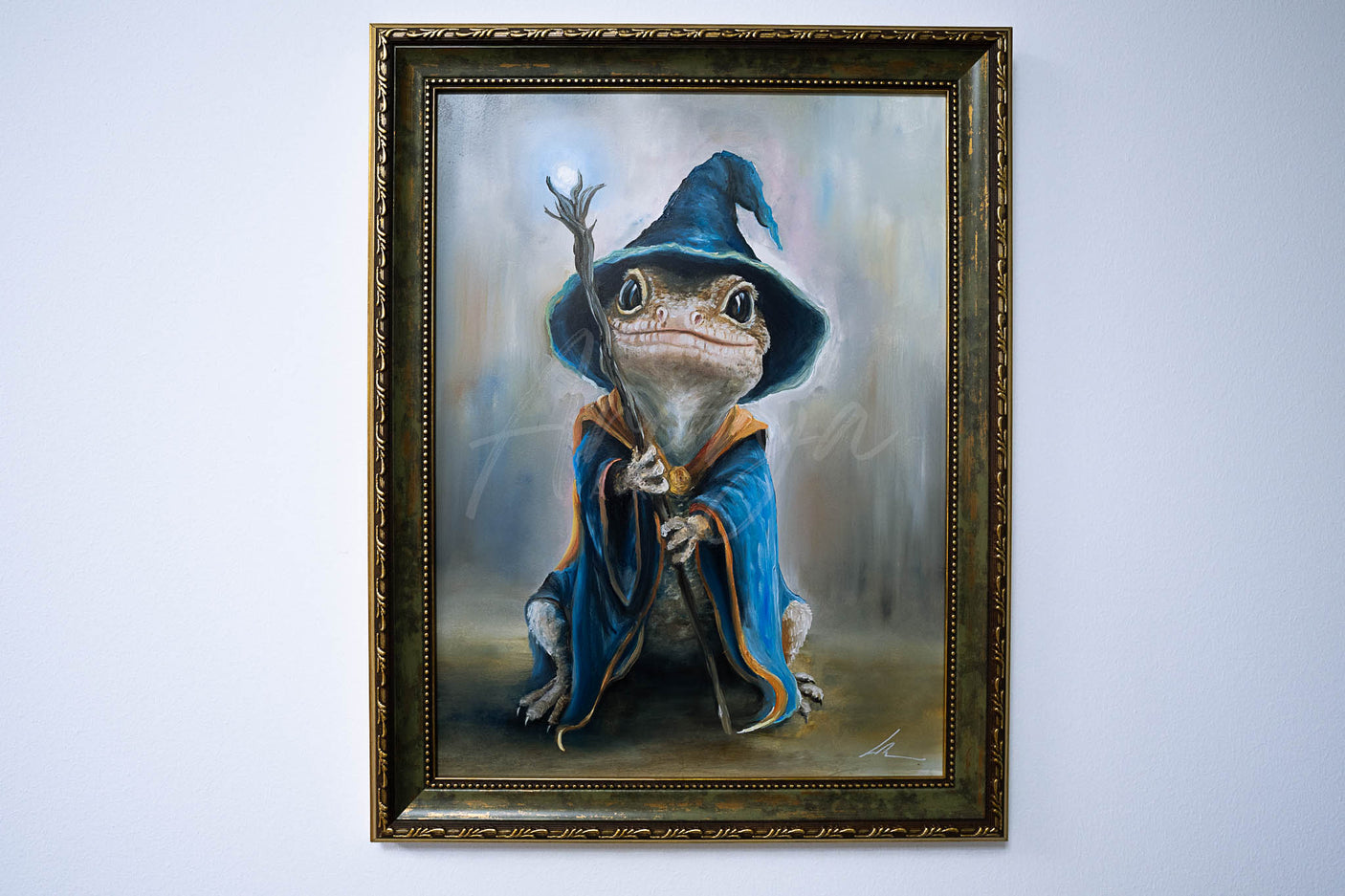 LizwardWizard framed oil painting (30x40cm) depicting a whimsical frog wizard dressed in a blue cloak and hat, holding a magical staff, fantasy artist inspired by gaming and nature art.