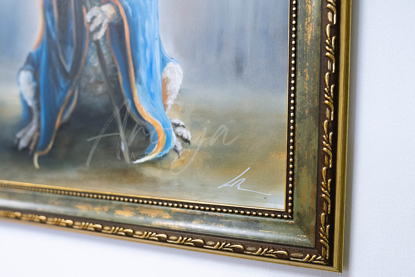 Close-up of the corner of LizwardWizard framed oil painting (30x40cm) showcasing detailed hand-painted textures and ornate gold frame, fantasy artist style inspired by gaming art.