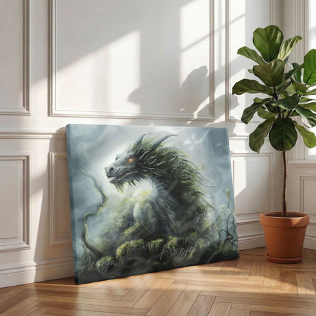 Lord of the Forest - Print by Aronja-Art fantasy art canvas art print with green dragon in sunlit room
