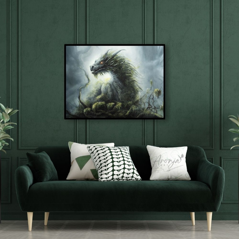 Lord of the Forest - Print Aronja-Art art print fantasy art with dragon, framed on dark green wall.