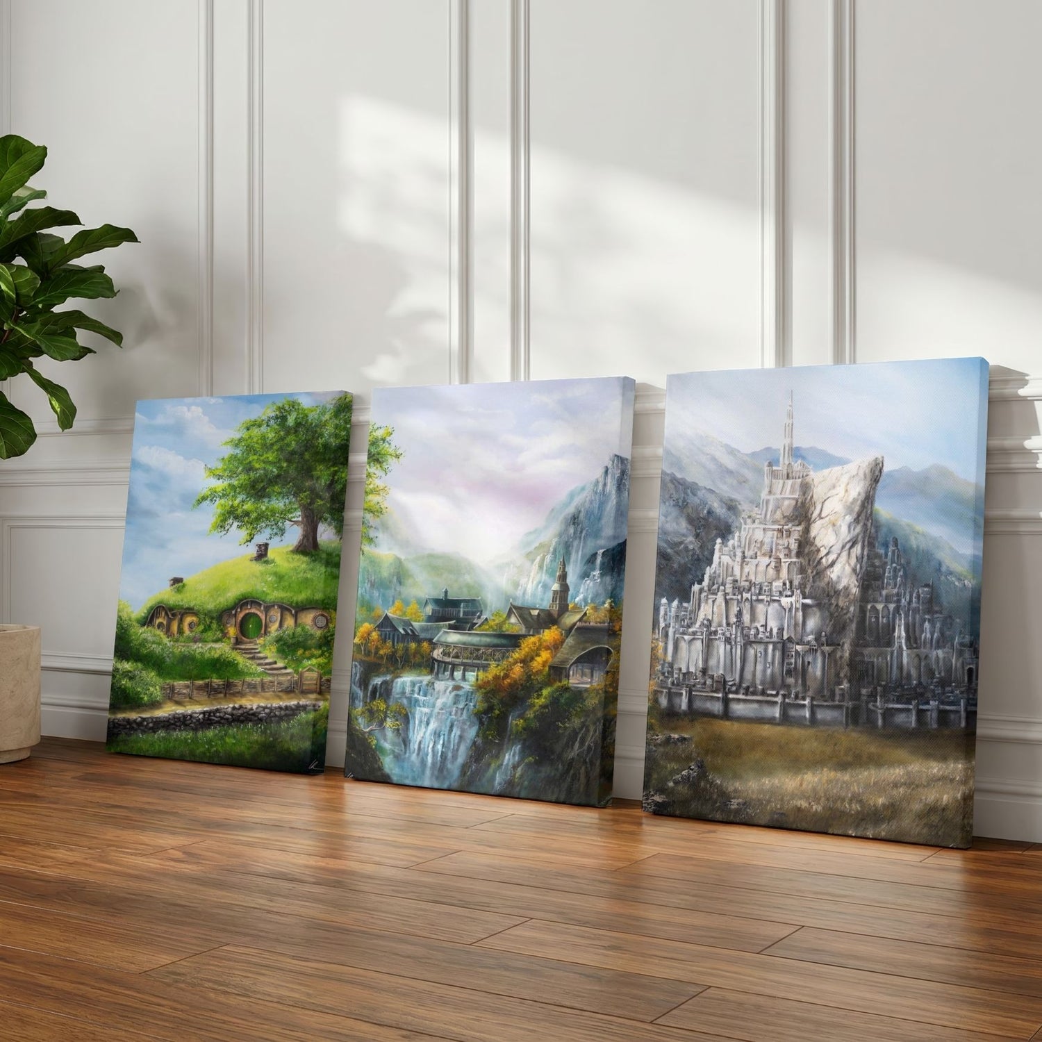 Three Locations - (Print) by Aronja-Art canvas art print set with three fantasy landscapes on display