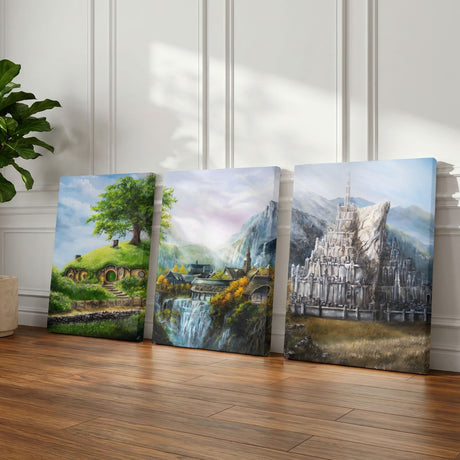 Three Locations - (Print) by Aronja-Art canvas art print set with three fantasy landscapes on display