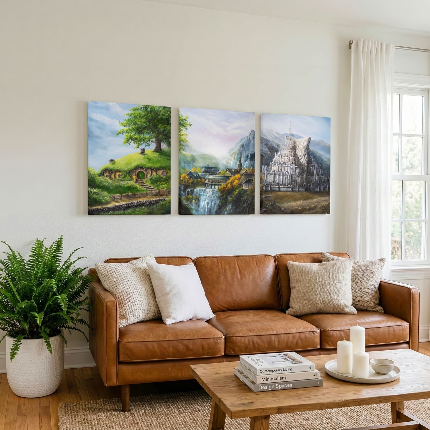 Three Locations - (Print) Aronja-Art art print set, fantasy art scenes in framed panels on wall.