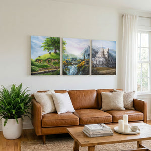 Three Locations - (Print) Aronja-Art art print set, fantasy art scenes in framed panels on wall.