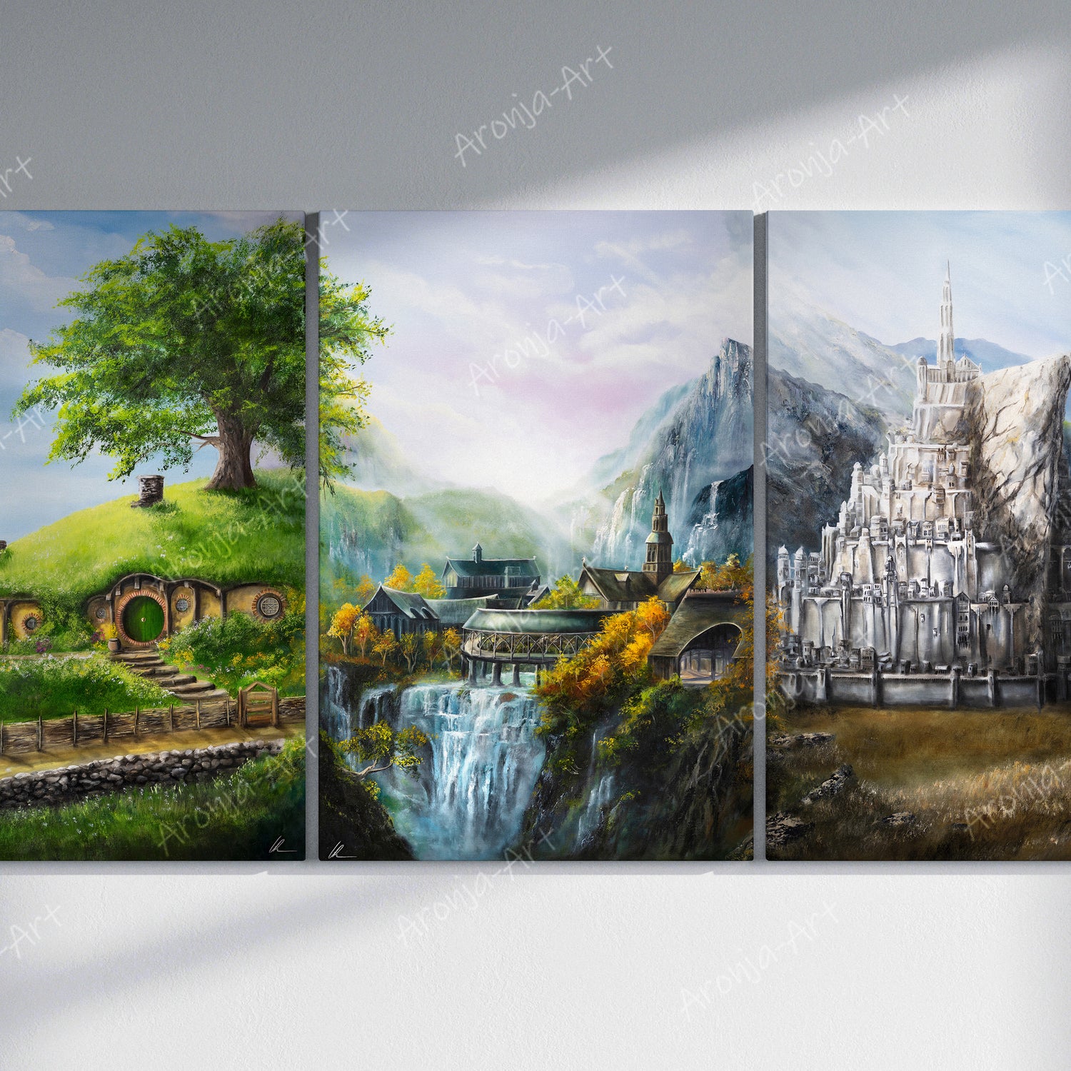 Three Locations - (Print) featuring a detailed fantasy landscape triptych with a peaceful hobbit-like home, a vibrant village near waterfalls, and an intricate mountain fortress, inspired by lotr.