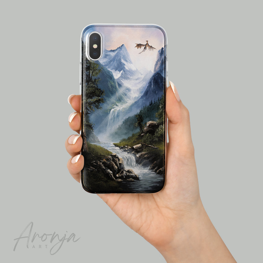 Mountain Stream - Phone Case Aronja-Art phone case in blue and black with mountain waterfall and dragon sky art
