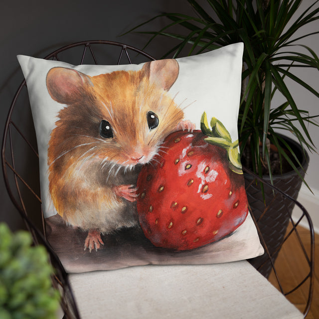 Mouseberry - Pillow featuring a detailed fantasy art illustration of a small mouse holding a large ripe strawberry, showcasing hand-painted style and vibrant colors on a decorative cushion.