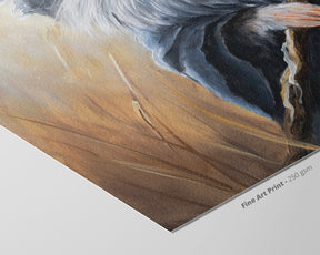Close-up detail of a fantasy-themed high-quality fine art print featuring a wizard’s staff and flowing robe on textured paper, titled Mousedalf - (Print).