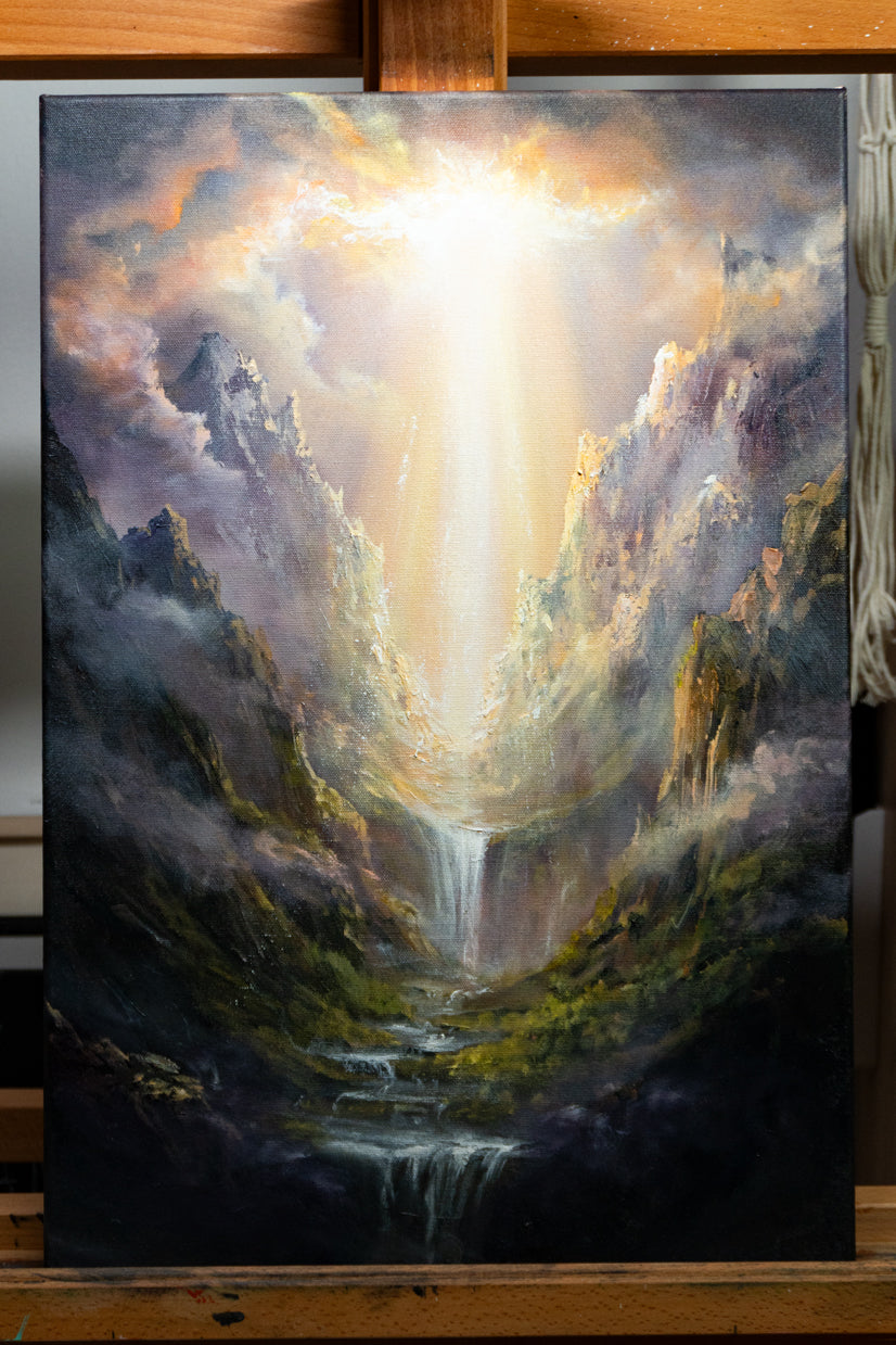 SORCERY Gothic Original Painting "One True God" - 60x40cm / Acrylics depicting a dramatic fantasy landscape with radiant light beams breaking through stormy clouds over towering mountains and cascading waterfalls, hand-painted by a fantasy artist.