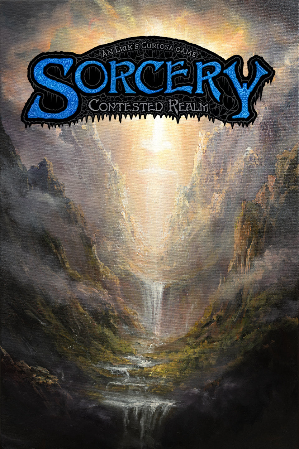SORCERY Gothic Original Painting "One True God" - 60x40cm / Acrylics depicting a dramatic fantasy landscape with cascading waterfall, misty cliffs, and glowing light symbolizing mystical realms by a fantasy artist.