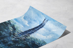 The Wizard's Tower (Print) depicting a hand-painted fantasy landscape featuring a tall, dark tower rising above lush greenery under a bright blue sky with birds in flight.