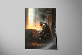 A hand-painted fantasy art print depicting a penitent knight kneeling in a sunlit cathedral, rich in warm tones and detailed armor, from the Penitent Knight - Sorcery TCG Print collection.