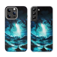 Phone Case - Memories featuring original fantasy art of a glowing blue night sky with a dragon silhouette above a lone figure standing near water, capturing mythical landscapes.