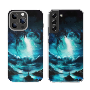 Phone Case - Memories featuring original fantasy art of a glowing blue night sky with a dragon silhouette above a lone figure standing near water, capturing mythical landscapes.