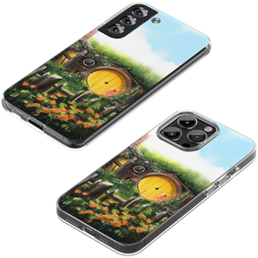Phone Case - Sam's House featuring fantasy art of a round yellow door set into a grass-covered hill with vibrant flowers and a clear blue sky background.