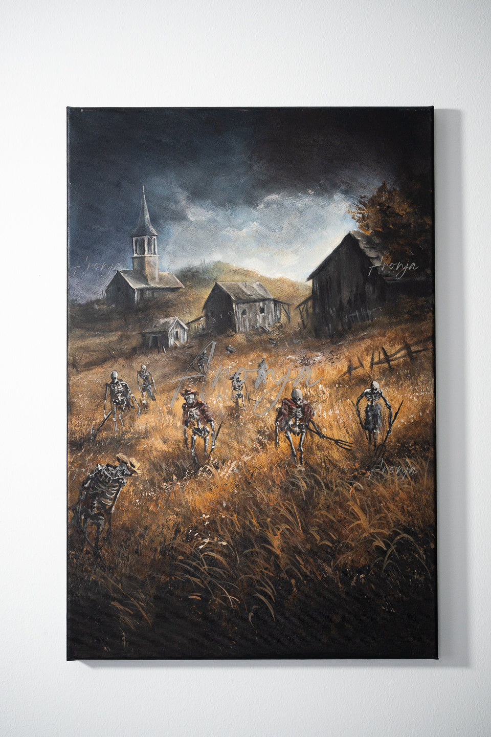 SORCERY Gothic Original Painting "Raise Militia" - 60x40cm / Acrylics, hand-painted fantasy art depicting skeletal warriors advancing through a dark, rural landscape with old buildings under a stormy sky, fantasy artist style.