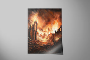 Raze - Sorcery TCG Print depicting a fiery, apocalyptic fantasy landscape with burning ruins and smoke, showcasing detailed hand-painted traditional fantasy art inspired by gaming and mythical themes.