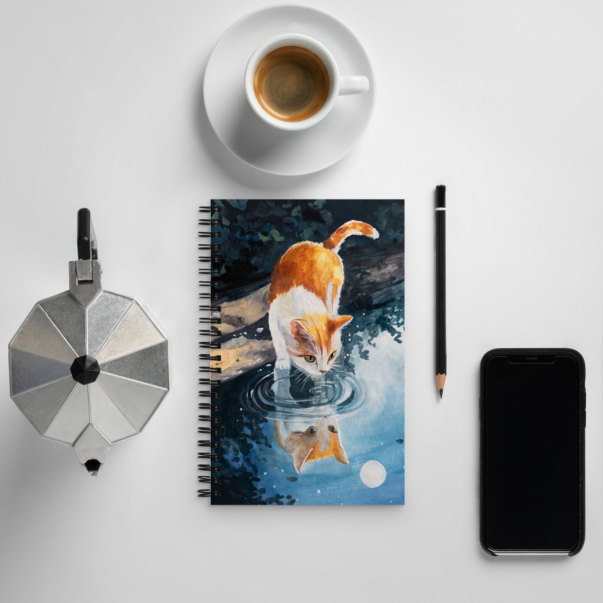 Reflections- Spiral notebook by Aronja-Art, soft-touch coated cover in blue and orange with cat art