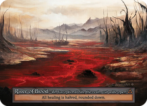 Sorcery TCG Artist Proof "River Of Blood" #2/25 features a haunting hand-painted fantasy landscape with a crimson river flowing through a desolate, barren forest, inspired by traditional fantasy art. Fantasy and gaming art inspired by Lord of the Rings, Sorcery TCG, and nature.