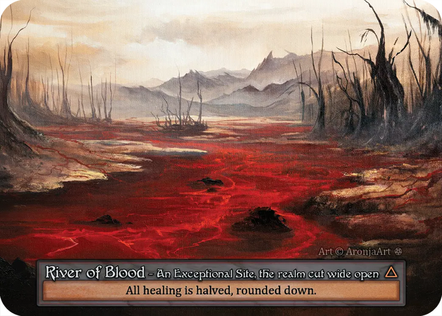 Sorcery TCG Artist Proof "River Of Blood" #2/25 features a haunting hand-painted fantasy landscape with a crimson river flowing through a desolate, barren forest, inspired by traditional fantasy art. Fantasy and gaming art inspired by Lord of the Rings, Sorcery TCG, and nature.