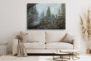 Rainy Riverwood (Print) Aronja-Art art print cool green-gray village scene hand-painted fantasy art, gaming inspired