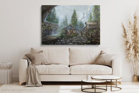 Rainy Riverwood (Print) Aronja-Art art print cool green-gray village scene hand-painted fantasy art, gaming inspired
