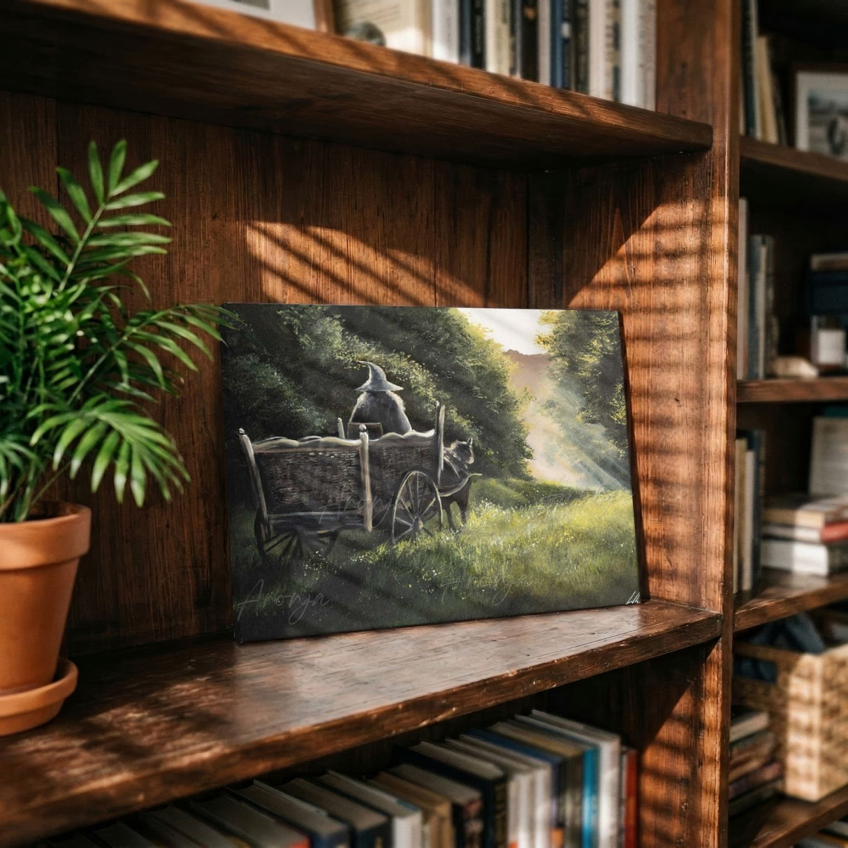 The Road Goes On (Print) art print featuring traditional painting on dark canvas, lit by warm sunlight.