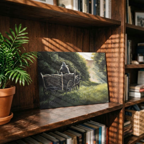 The Road Goes On (Print) art print featuring traditional painting on dark canvas, lit by warm sunlight.
