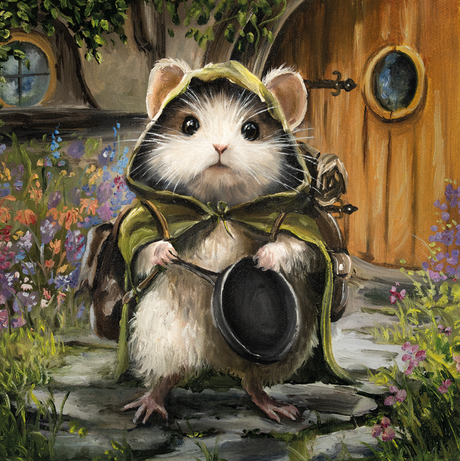 Cartoon mouse in green cape and hat sitting on a path with flowers beside a wooden door