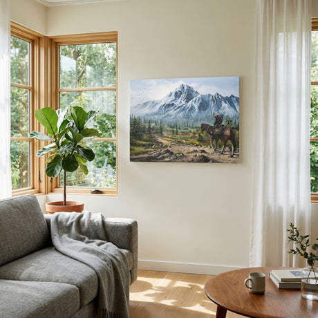 Skellige (Print) gaming inspired art print with hand-painted fantasy art mountain landscape and horse